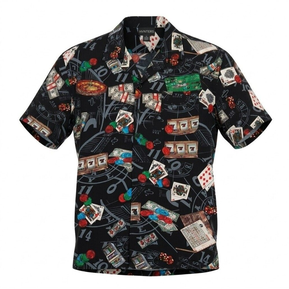 Hunters Men XXL Black Hawaiian Resort Casino Casual Button-Up Shirt Poker Theme